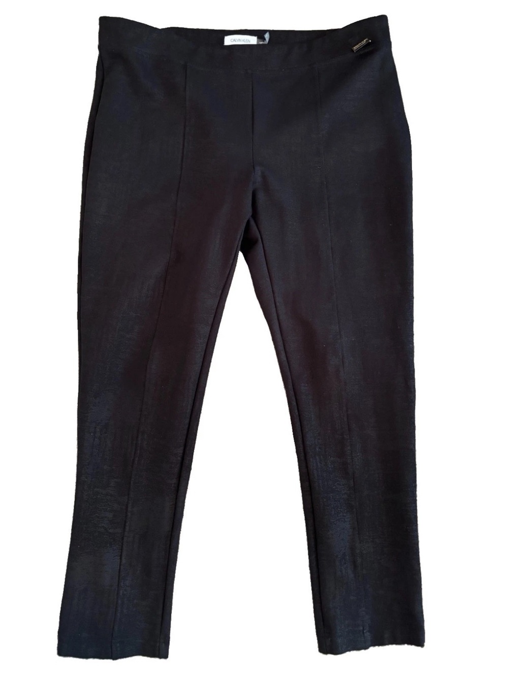 Calvin Klein Womens Ponte Pants Black Embossed Stretch Straight Leg Logo Accent